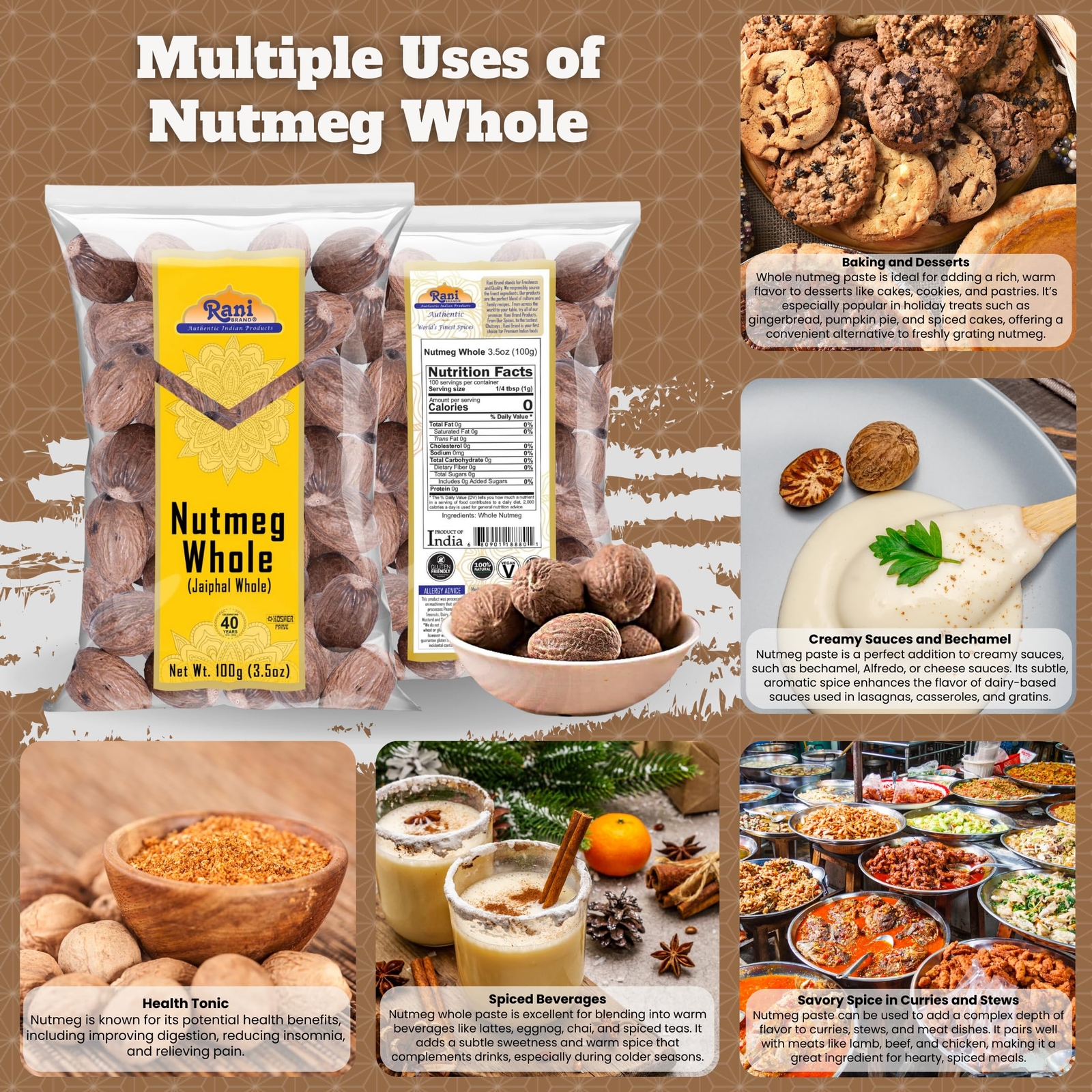 Rani Nutmeg (Jaiphul) Whole Spice, 21-23 Pieces, 3.5oz (100g)