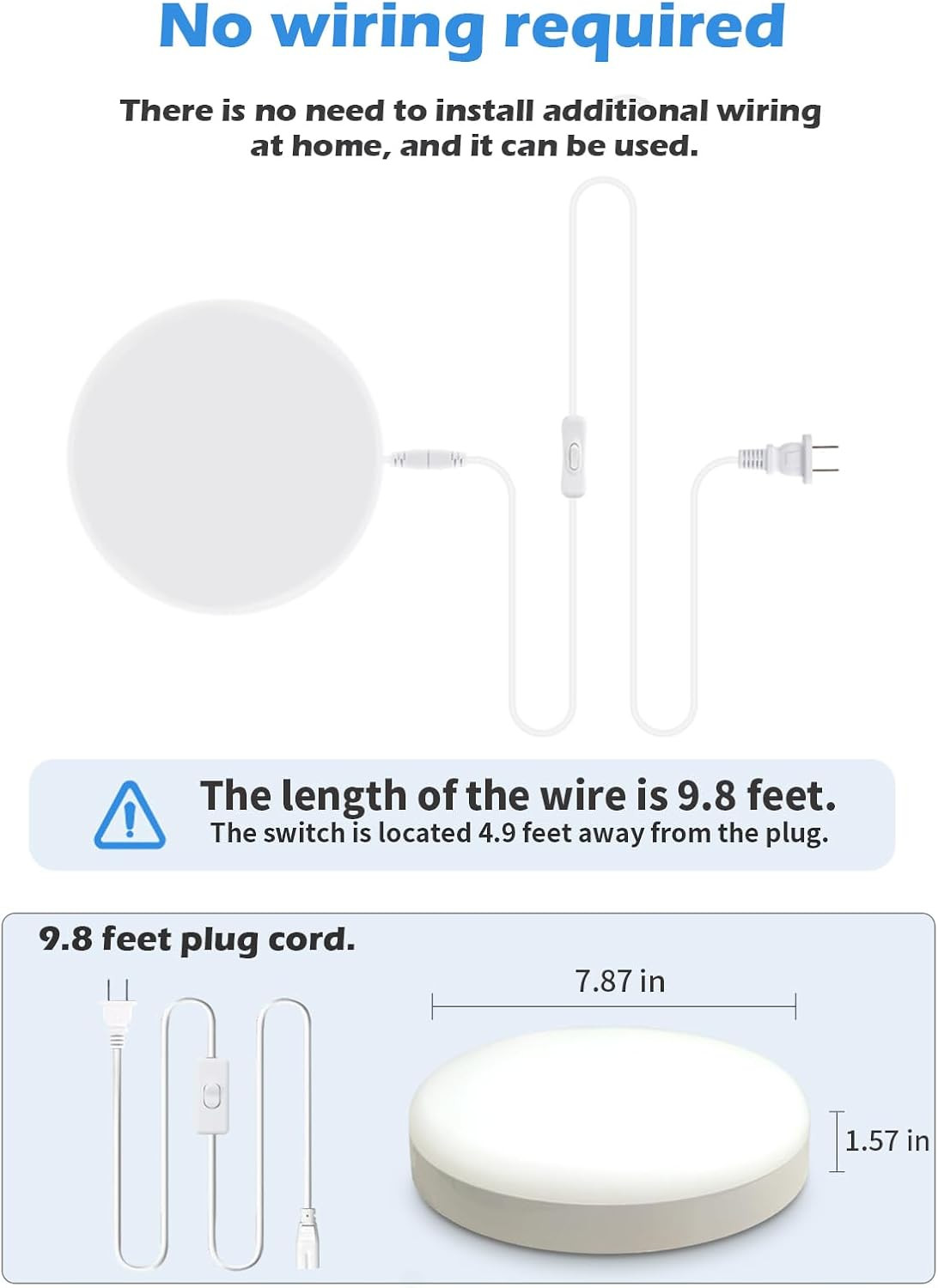 2-Pack 9.8 Inch Plug-In LED Ceiling Light with Switch,Built-In LED Source,White