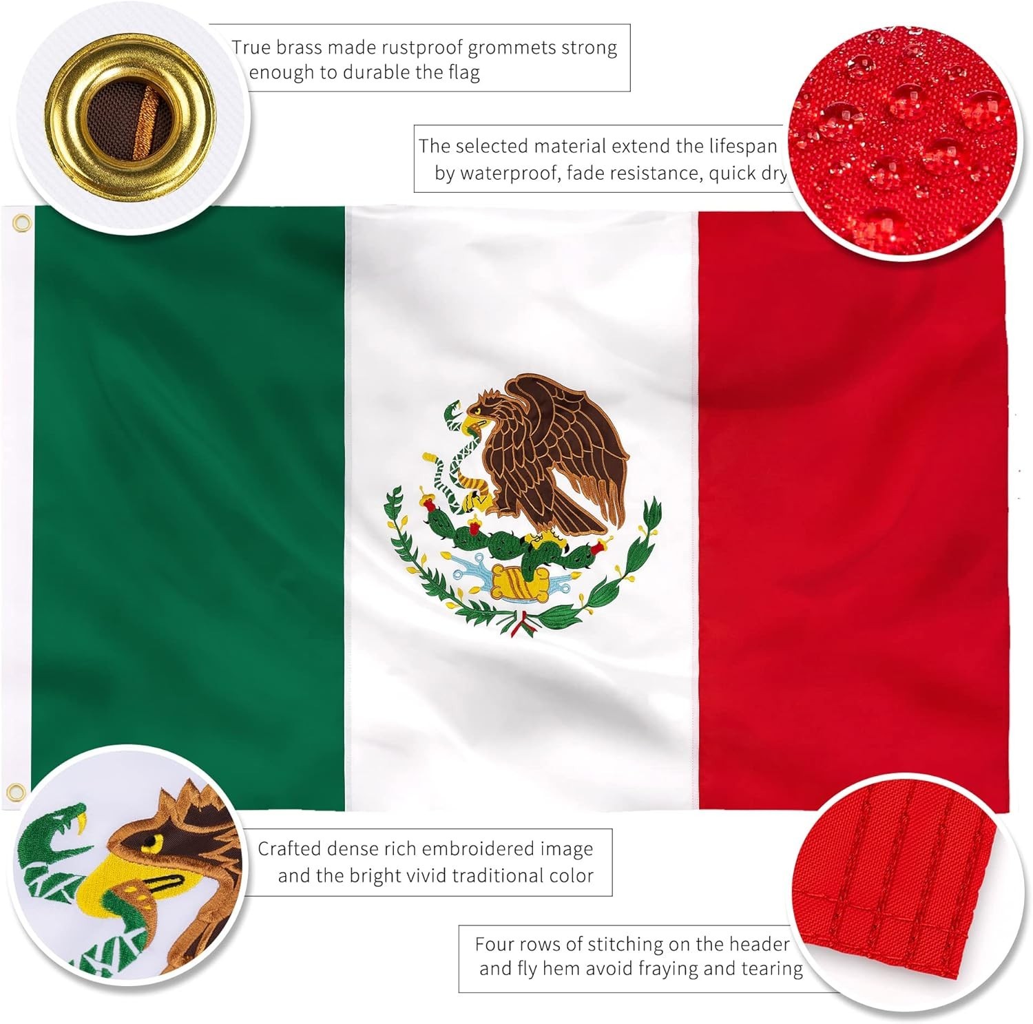 Mexico Flag 3×5 Ft Embroidered Mexican National Flag Polyester Brass Grommets