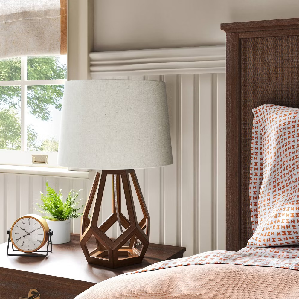 Large Wood Geo Assembled Table Lamp Brown – Threshold