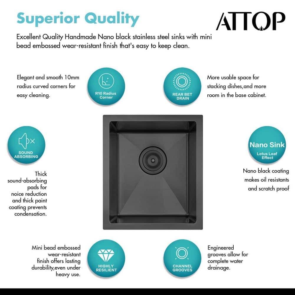 Attop 15″ Undermount Single Bowl 18-Gauge Nano Black Stainless Steel Sink