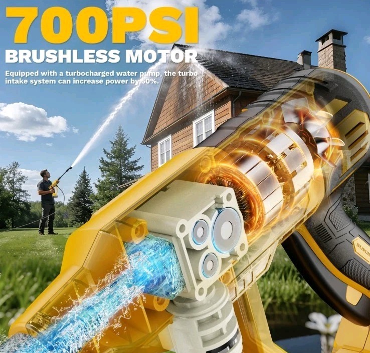Cordless Portable Washer Fits Dewalt 20V Battery 700 PSI Brushless 6-in-1 Nozzle