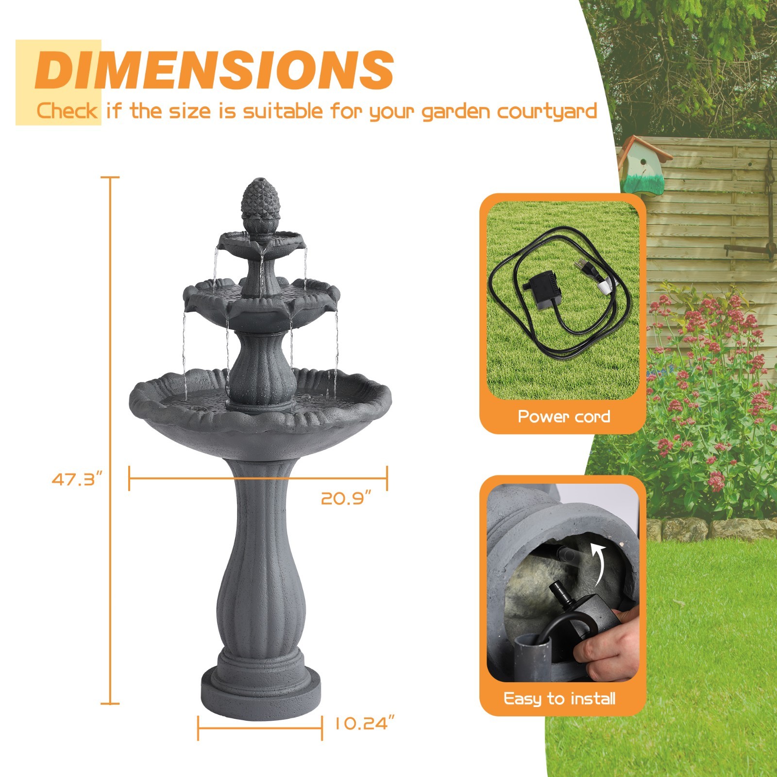47.3″ High Italian Feature Faux Stone Freestanding Water Fountain Outdoor