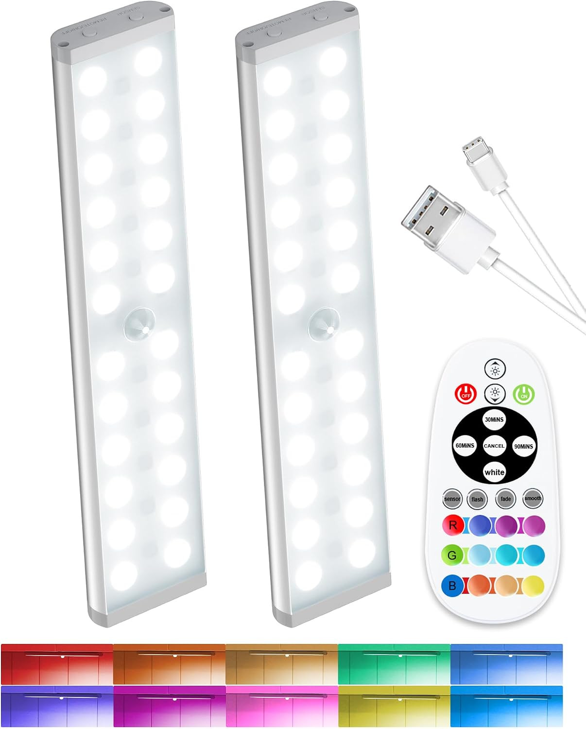Motion Sensor Night Lights, 58-LED RGB Under Cabinet Lighting Wireless, 1100mAh