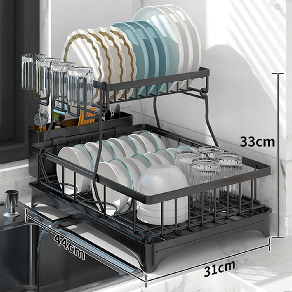 Dish Drying Rack, 2-Tier Dish Racks for Kitchen Counter, Dish Rack W/ Drainboard