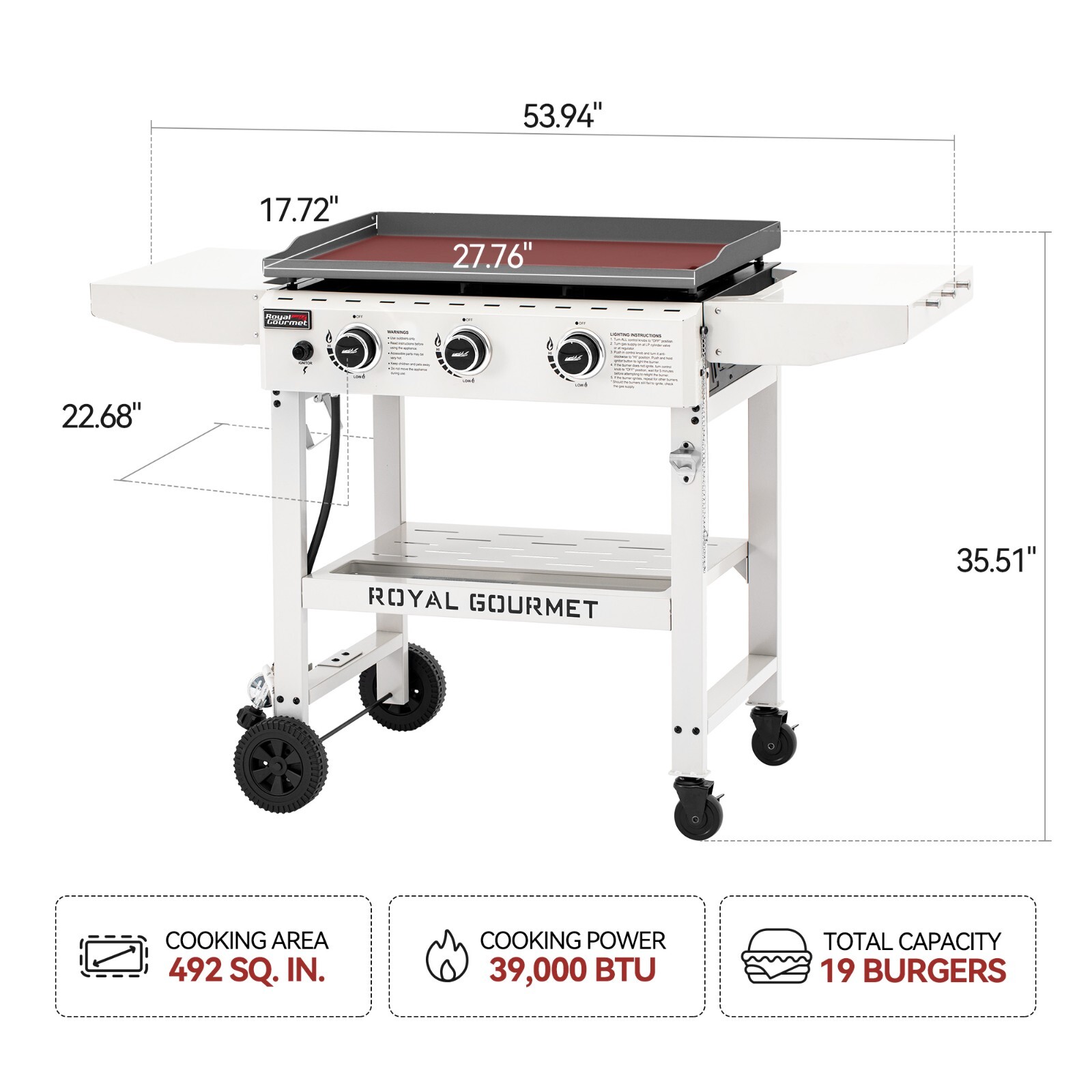 Royal Gourmet 28-Inch 3-Burner Propane Gas Griddle with Collapsible Side Shelves