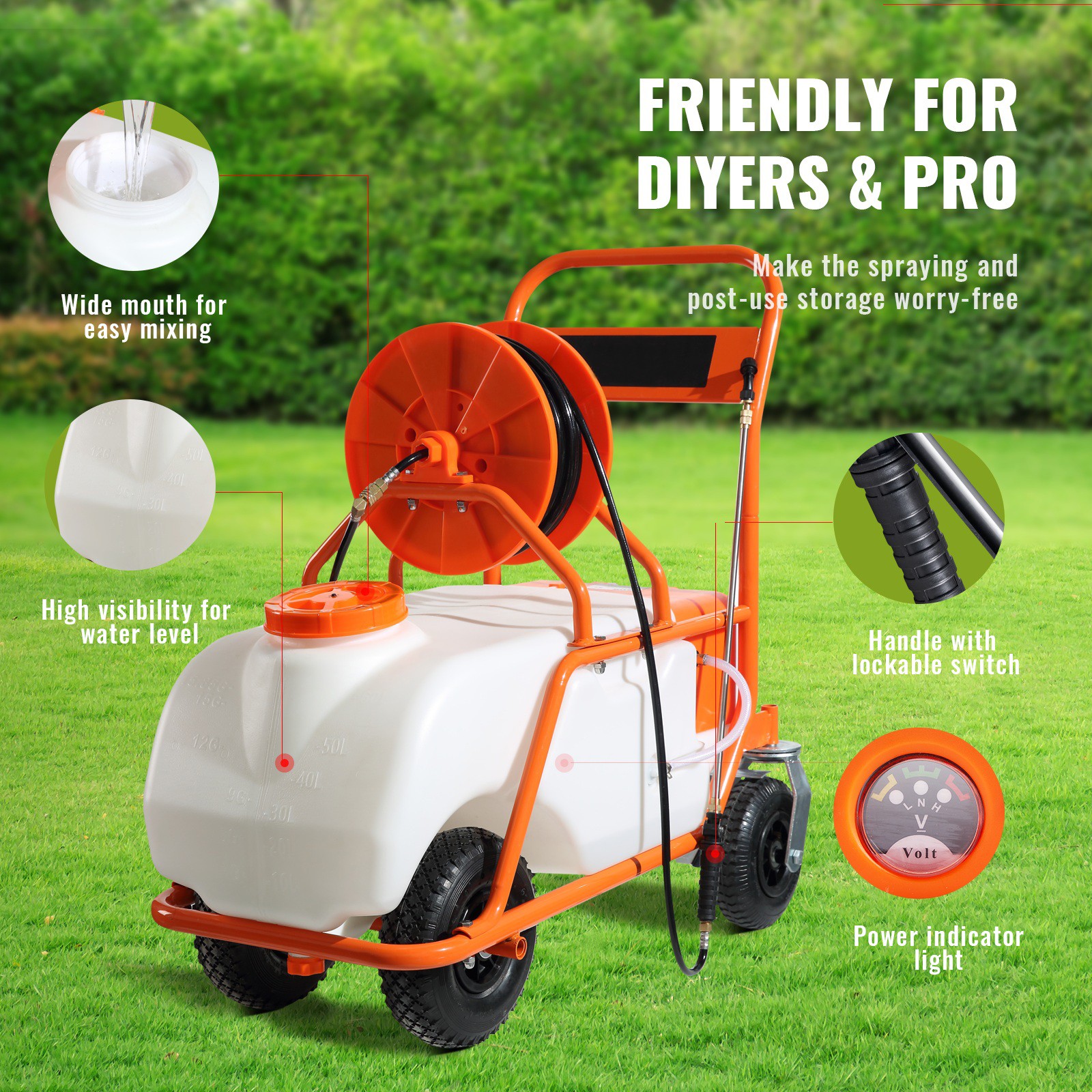 VEVOR Battery Powered Lawn Sprayer Cart Sprayer 15 Gal Tank w/ Wheels 0-90 Psi