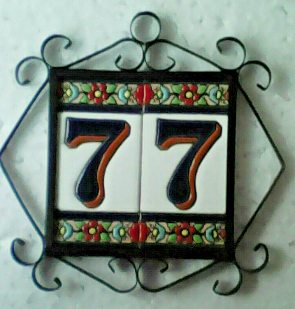 House Number Letter Spanish Hand Painted Ceramic Tile 11 x 5.5cm Frames Dog Cat