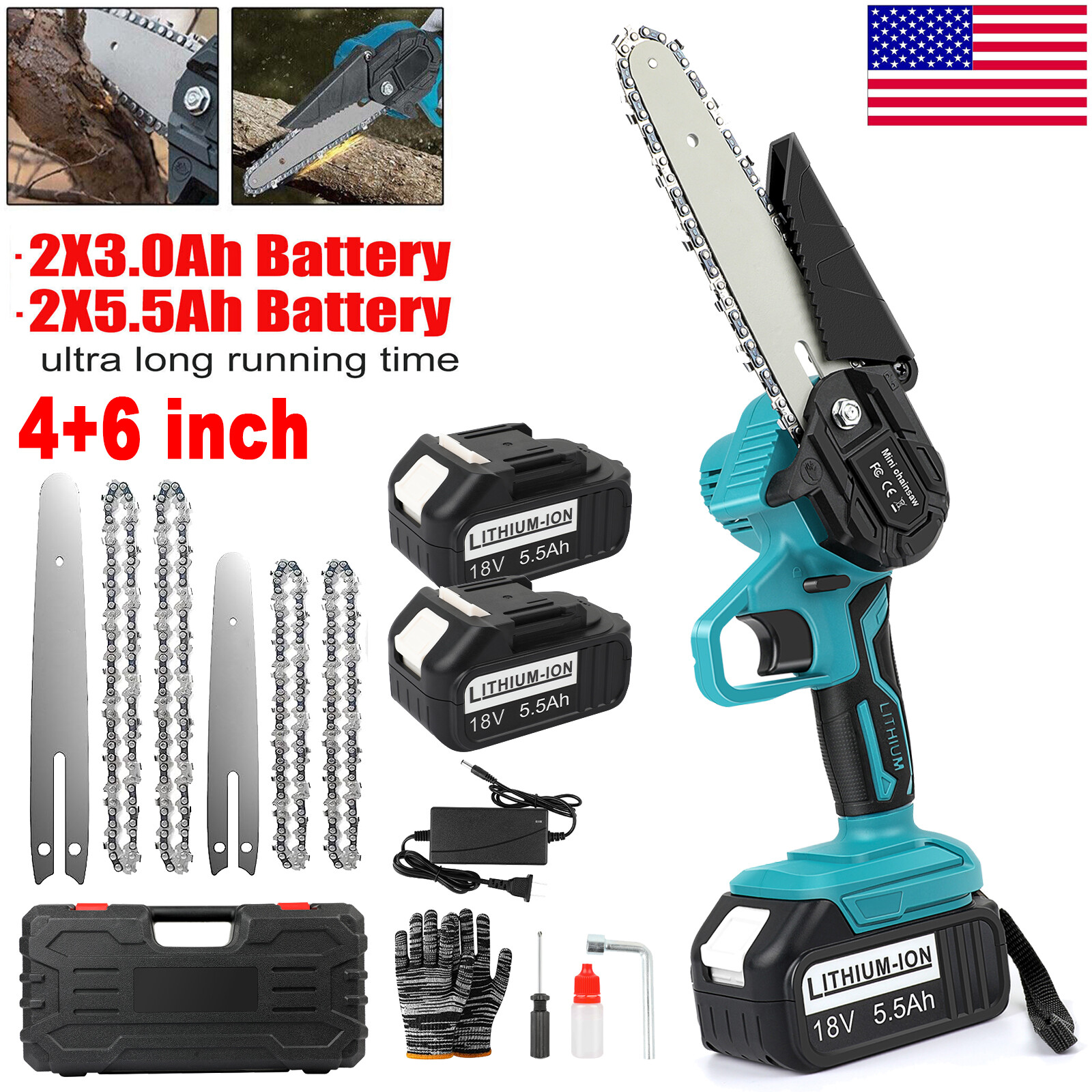 4+6″ Electric Mini Chainsaw Cordless Handheld Saw 2 Battery + 4 Chain for Makita