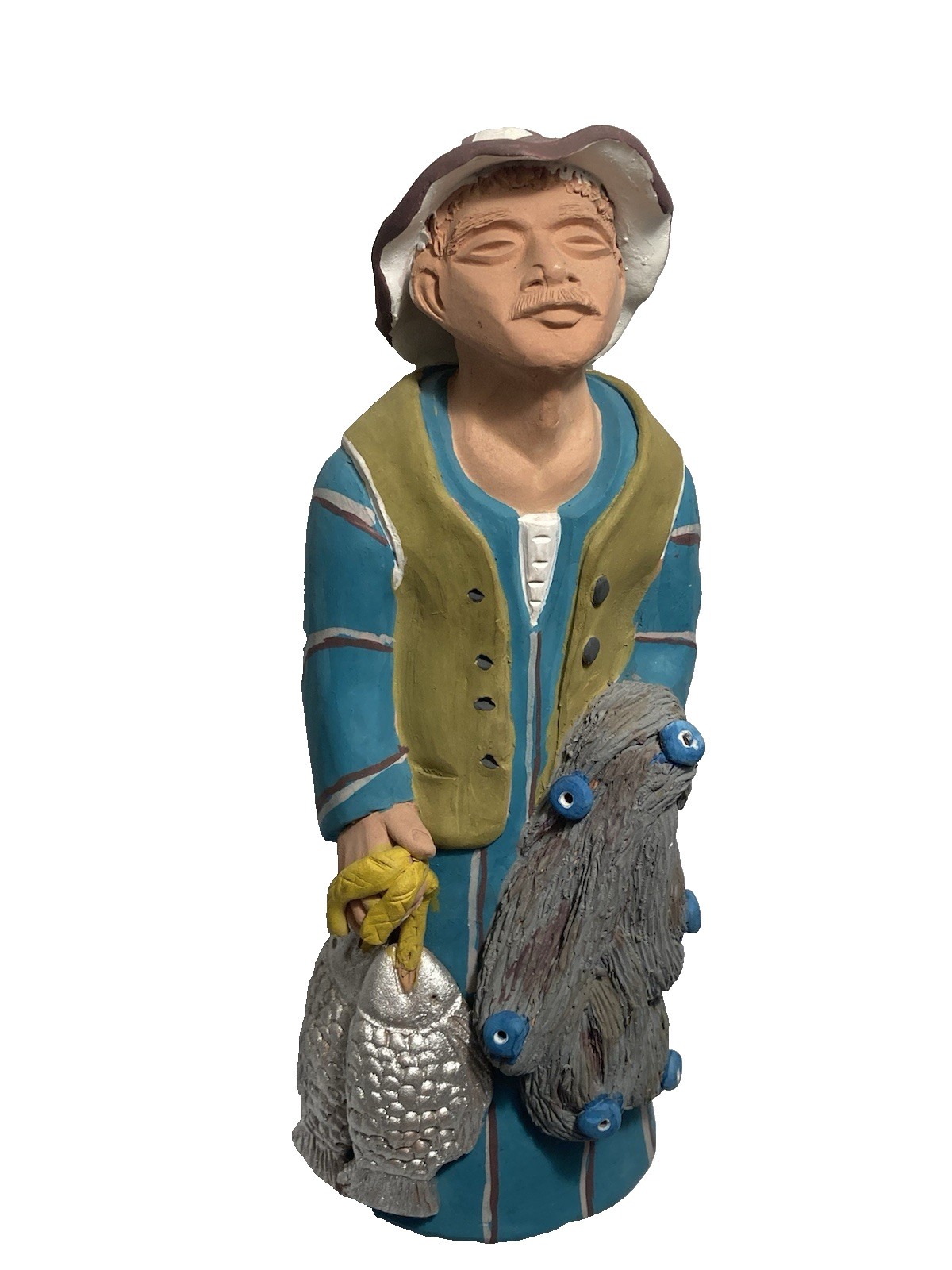 Egyptian Terracotta Clay Fisherman Figurine Handcrafted Folk Art Vintage 10″