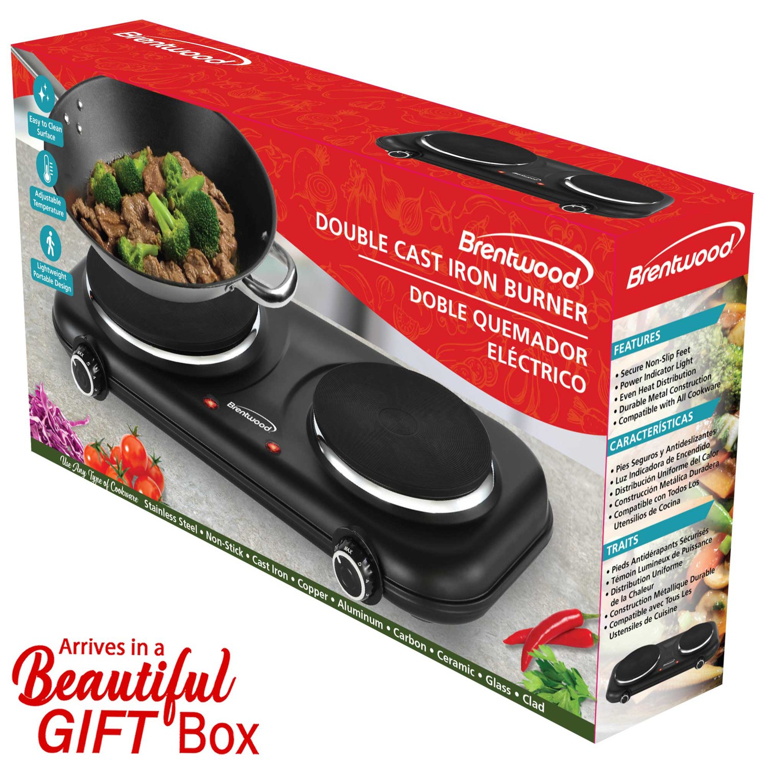 Double-Cast-Iron 1,100-Watt Countertop Electric Burner Hot Plate with…