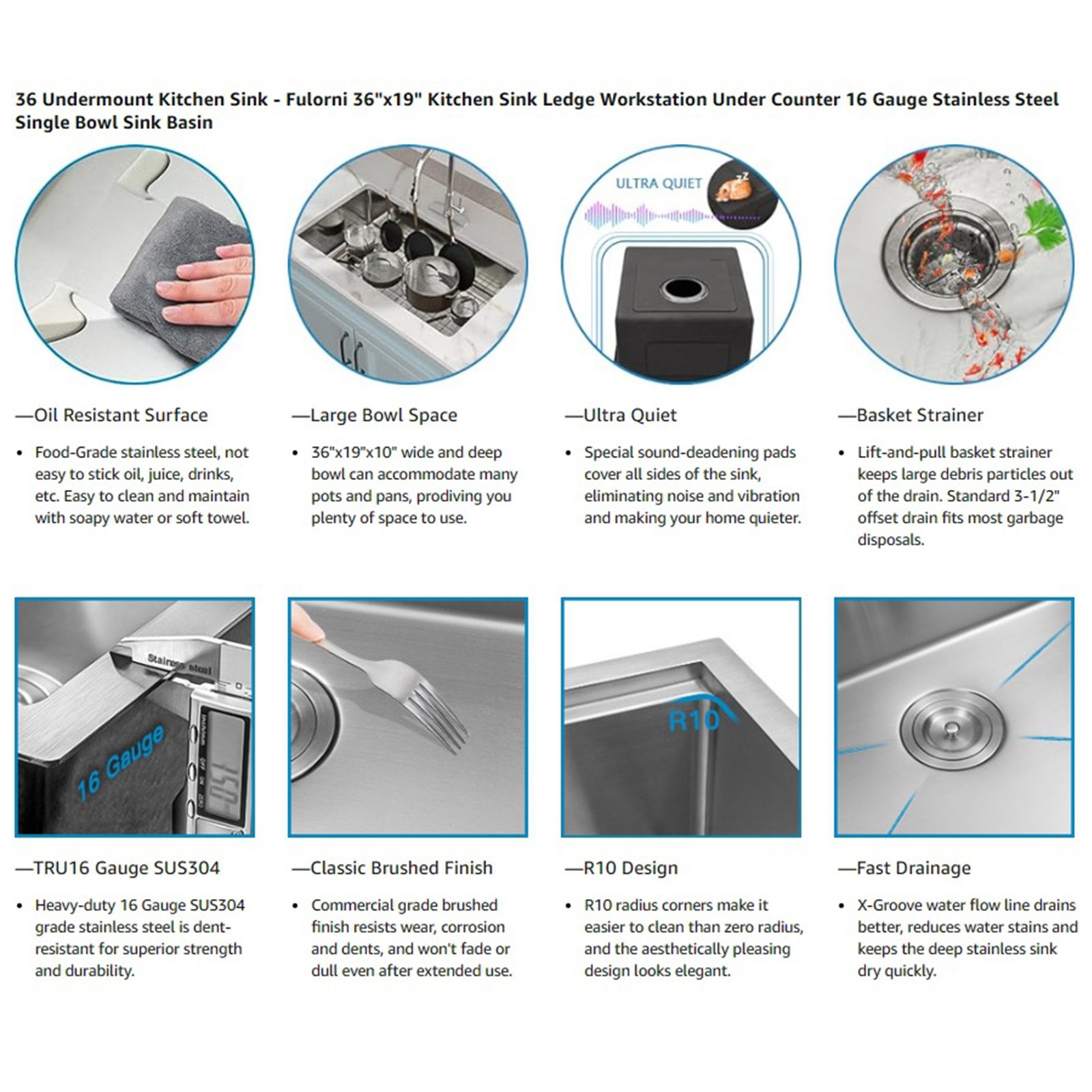 16 Gauge Undermount Kitchen Sink with Accessories 30/33 Inch Kitchen Sinks Basin