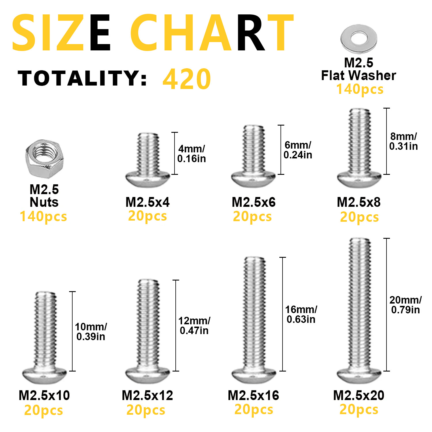 VKKM 420Pcs 304 SS M2.5 Metric Hex Head Bolts Screws Nuts Washers Kit