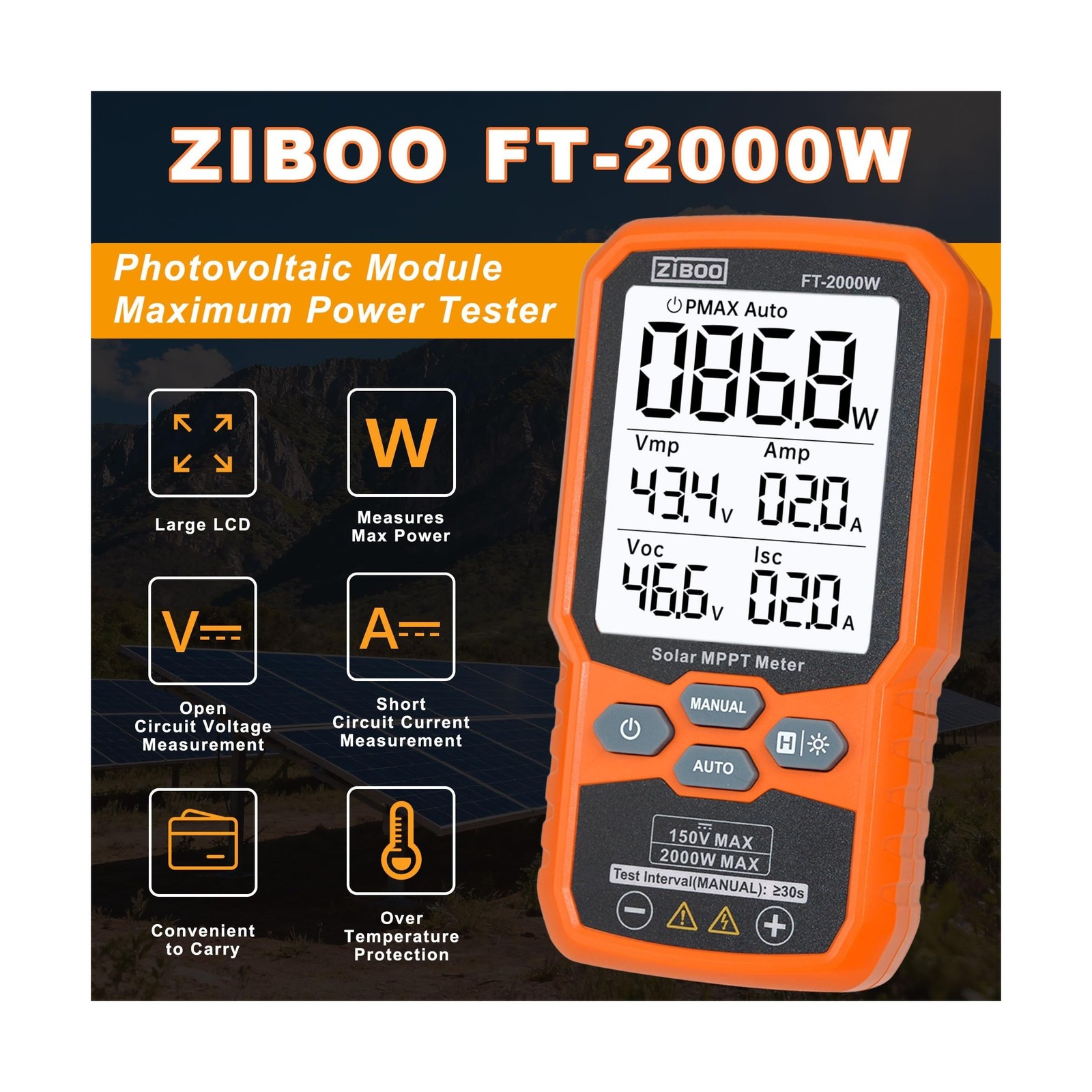ZIBOO FT-2000W Solar Panel Tester MPPT Meter – 2000W Max Power, 150V/35A PV M…