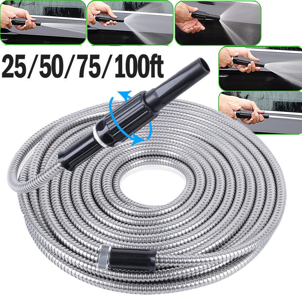 25 50 75 100FT Stainless Steel Metal Garden Water Hose Pipe Flexible Lightweight