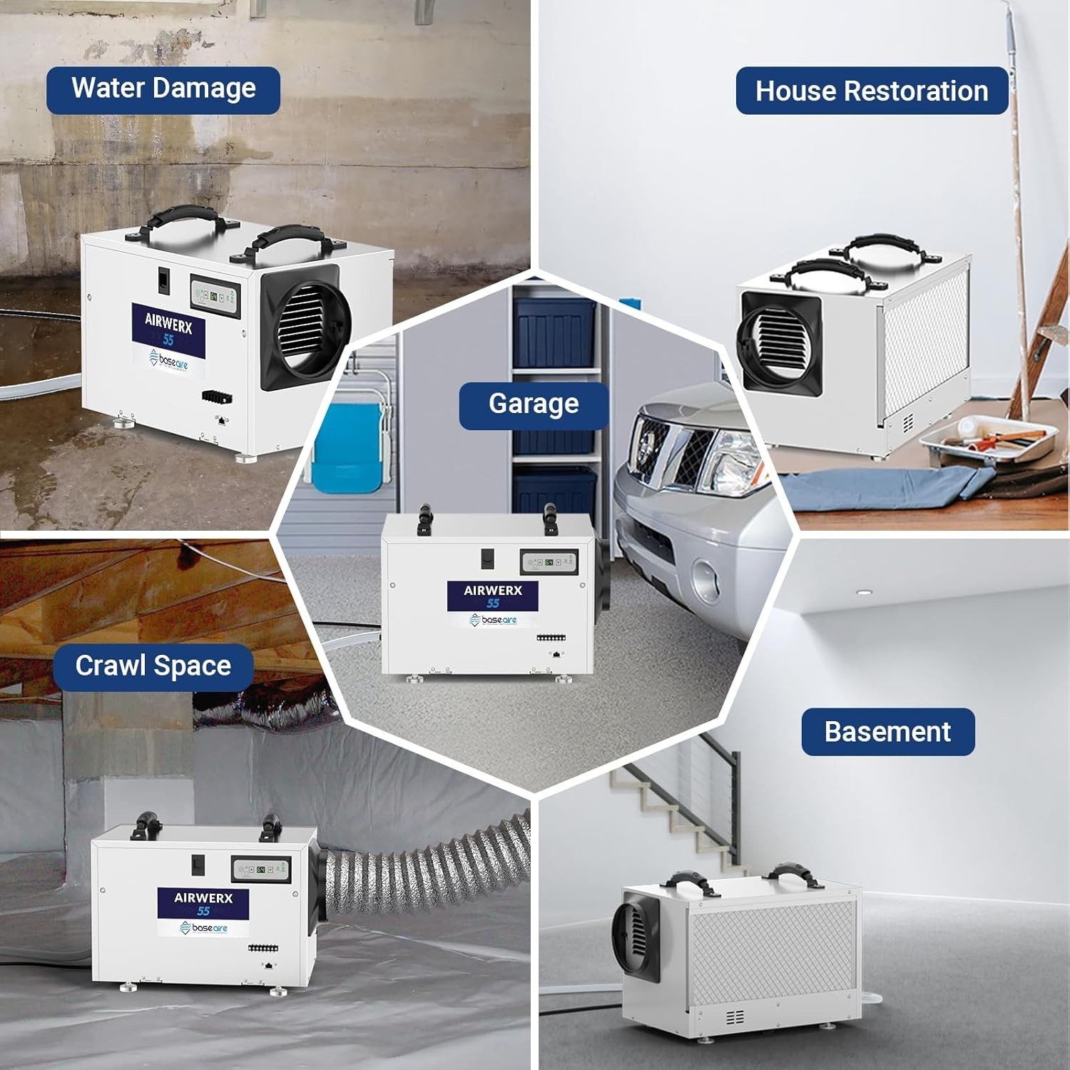 BaseAire 113Pint Crawl Space Dehumidifier with Drain Hose for 1200sq.ft Basement