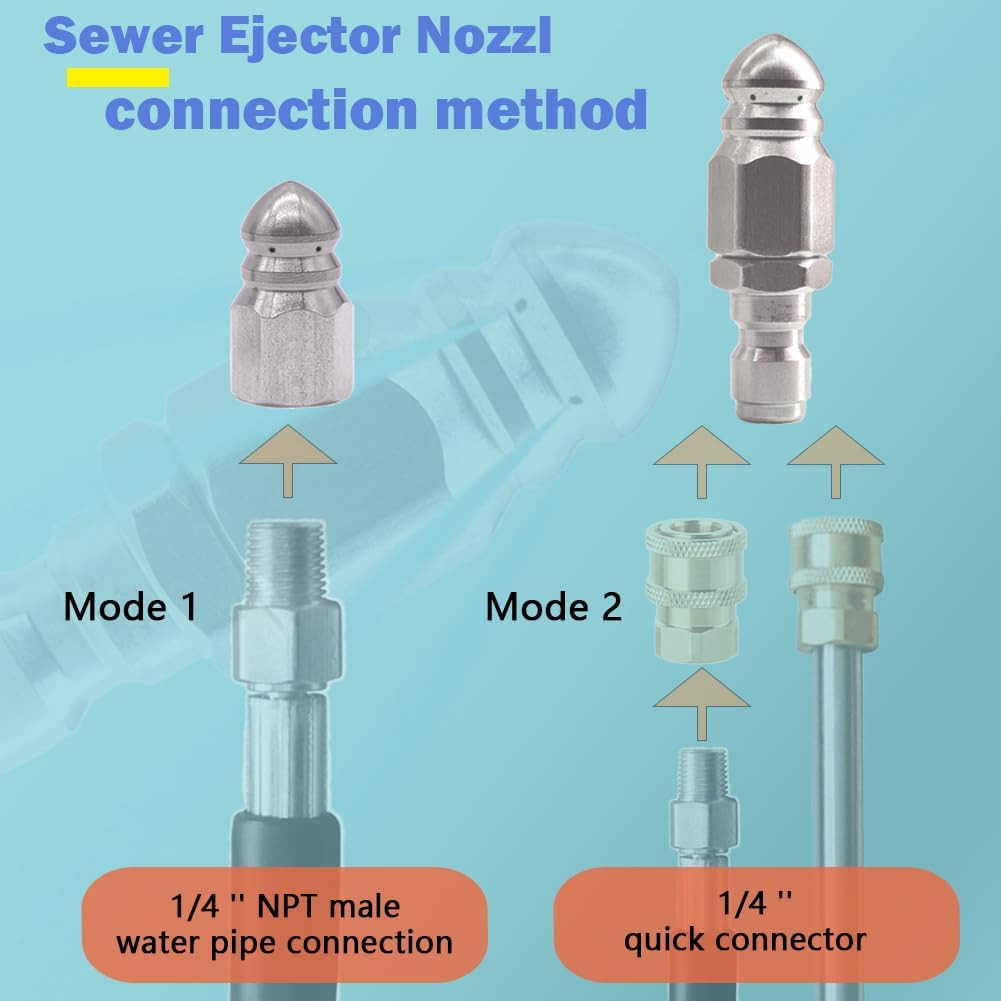 High-Pressure Sewer Jetter Nozzle with Stainless Steel 1/4 Connector 5000 PSI
