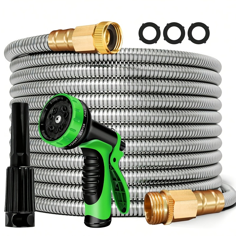 LOVFEN STEEL 100 Ft Metal Garden Hose with Sprayer Nozzle, Non Kinking Designed
