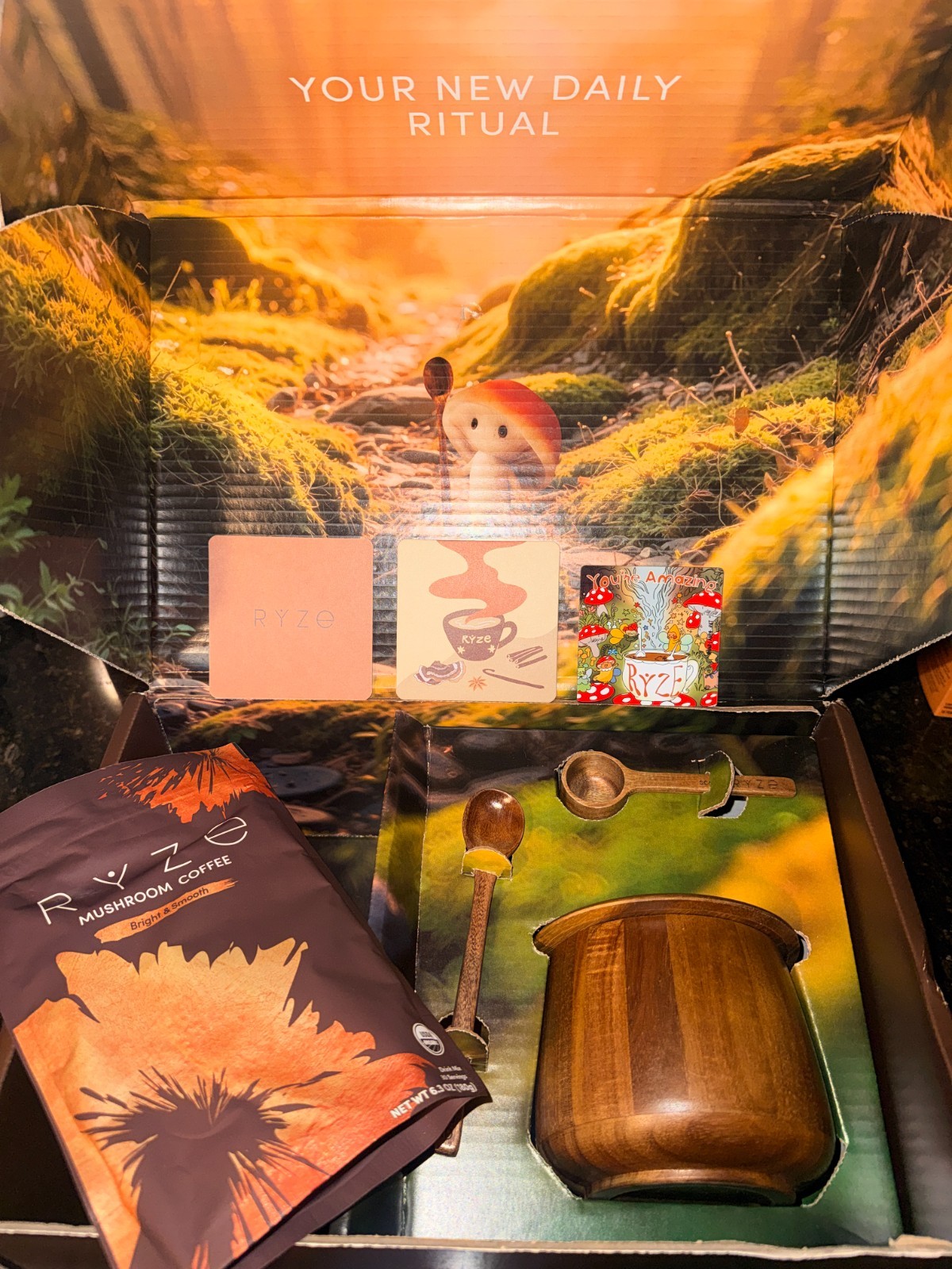 NEW Ryze Items. Regular Roast Mushroom Coffee, acacia jar, scoop, spoon, magnet+