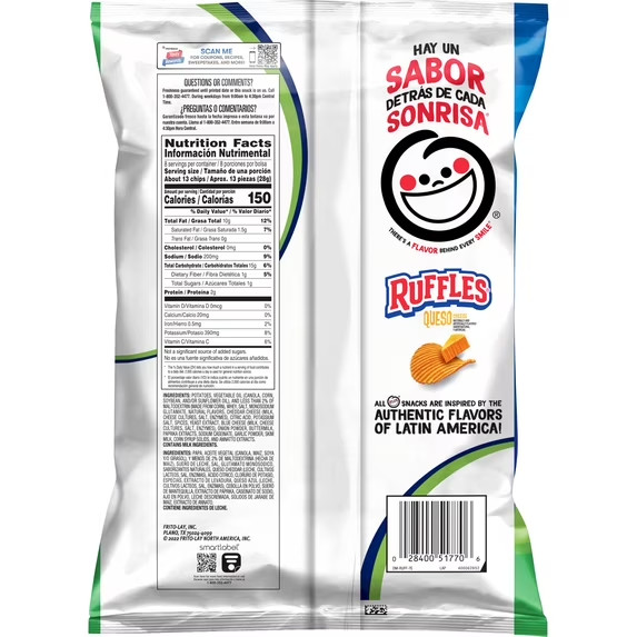 Ruffles Potato Chips Queso Cheese Flavored Snack Chips, Snacks, Large Bag 8 Ounc