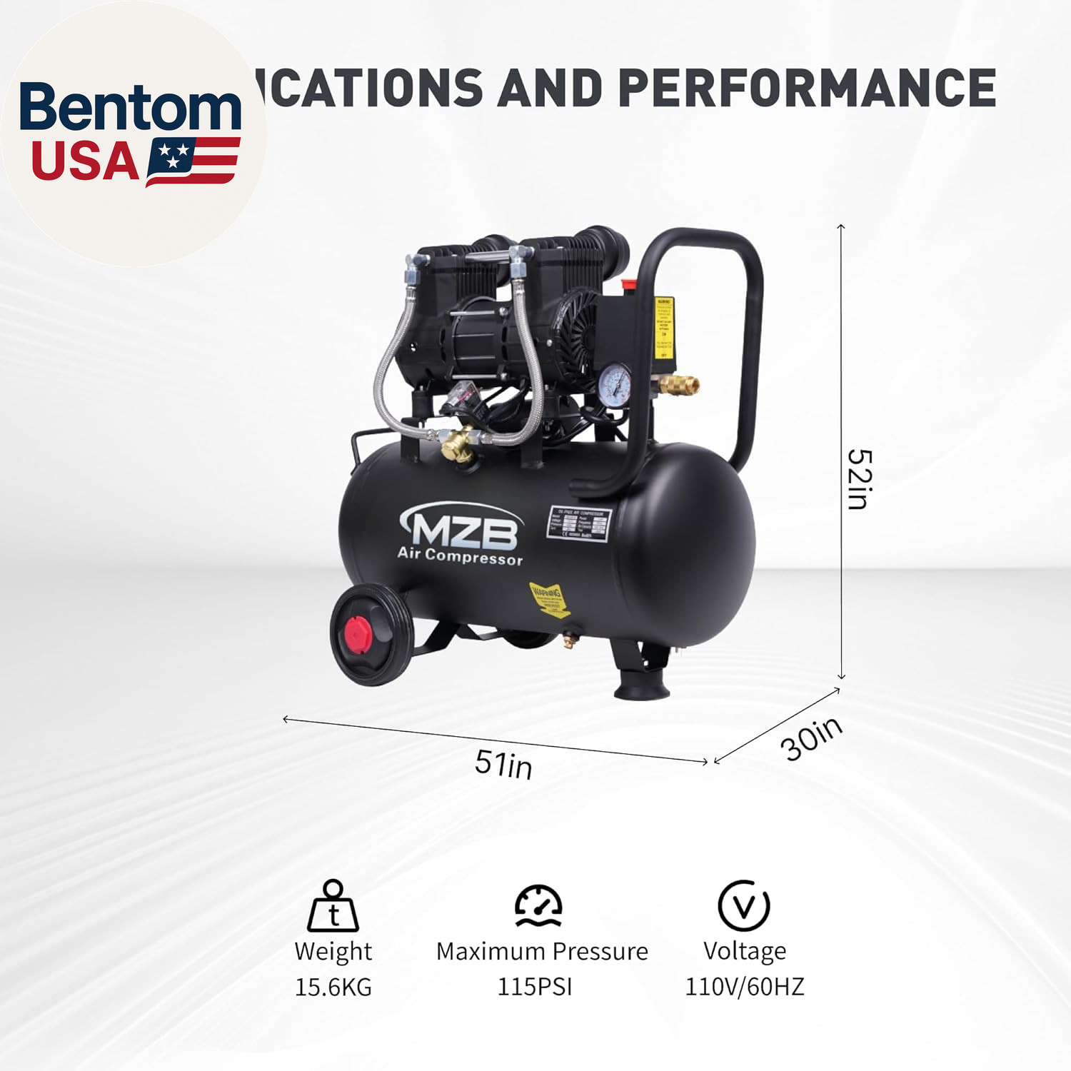 MZB 6.4 Gallon Ultra Quiet Air Compressor 110V/60Hz Steel Tanks Oil-Free 70Db No