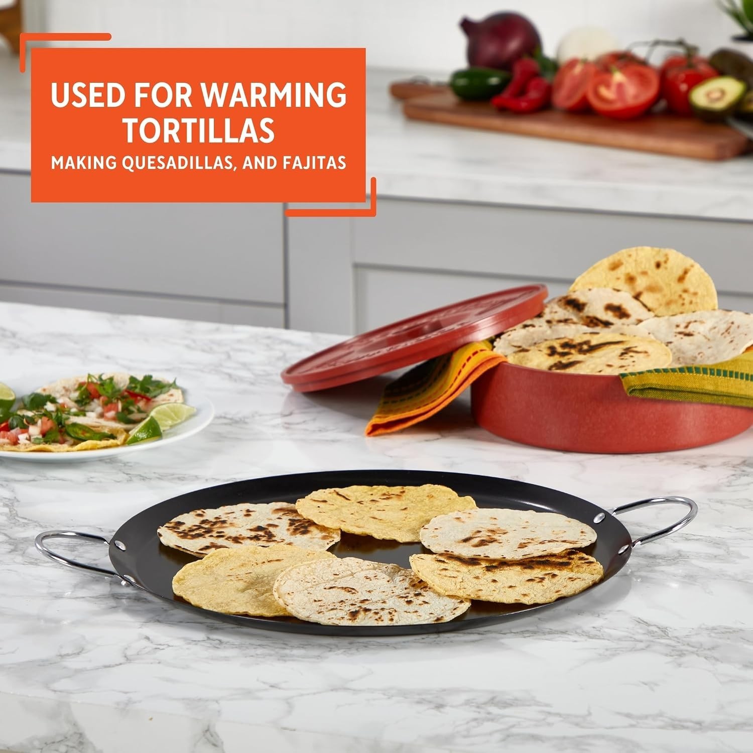 13.5in Carbon Steel Nonstick Round Comal with Metal Handles, Black | Chrome R…
