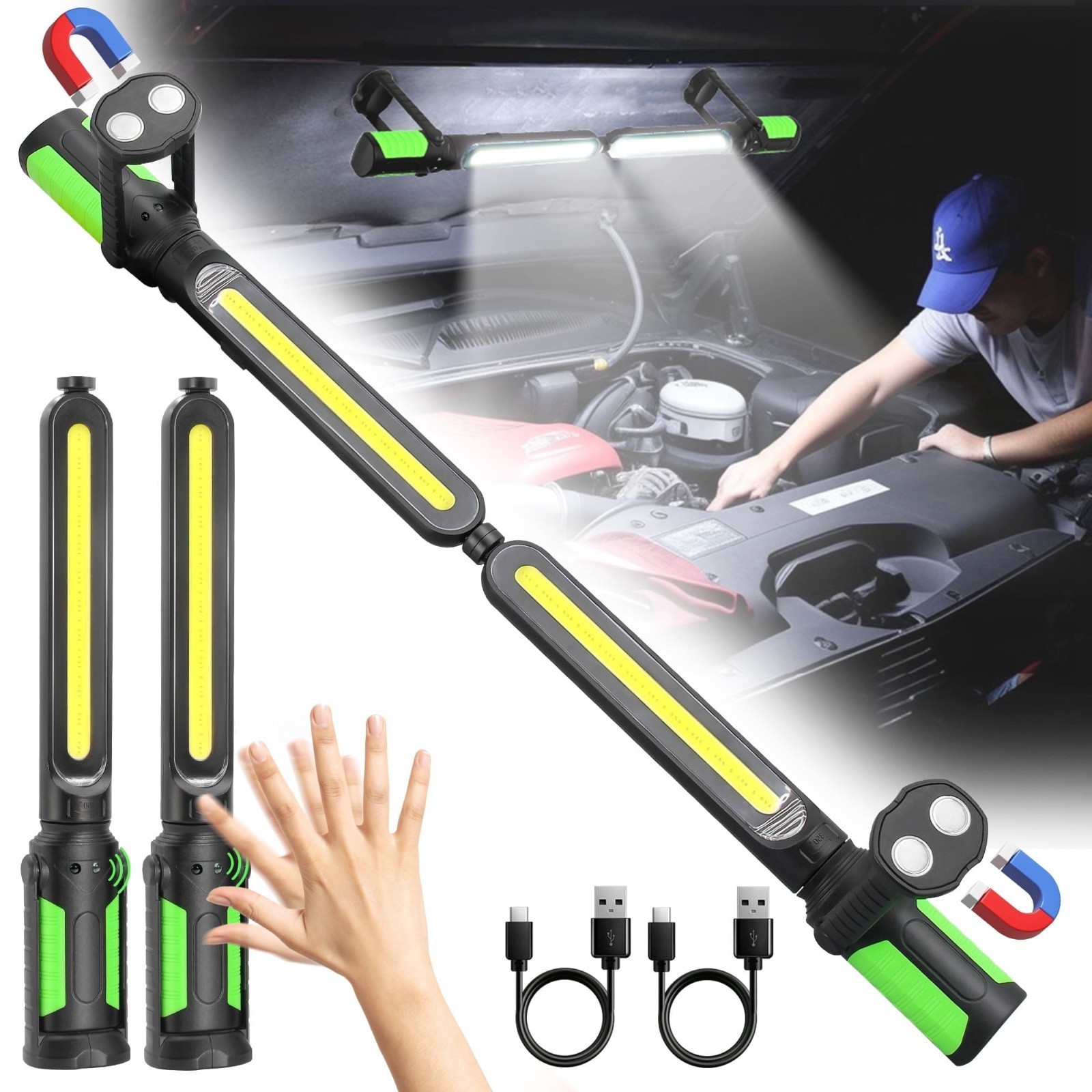 LED Underhood Work Light Bar 2PK – Rechargeable Magnetic Mechanic Light for Car