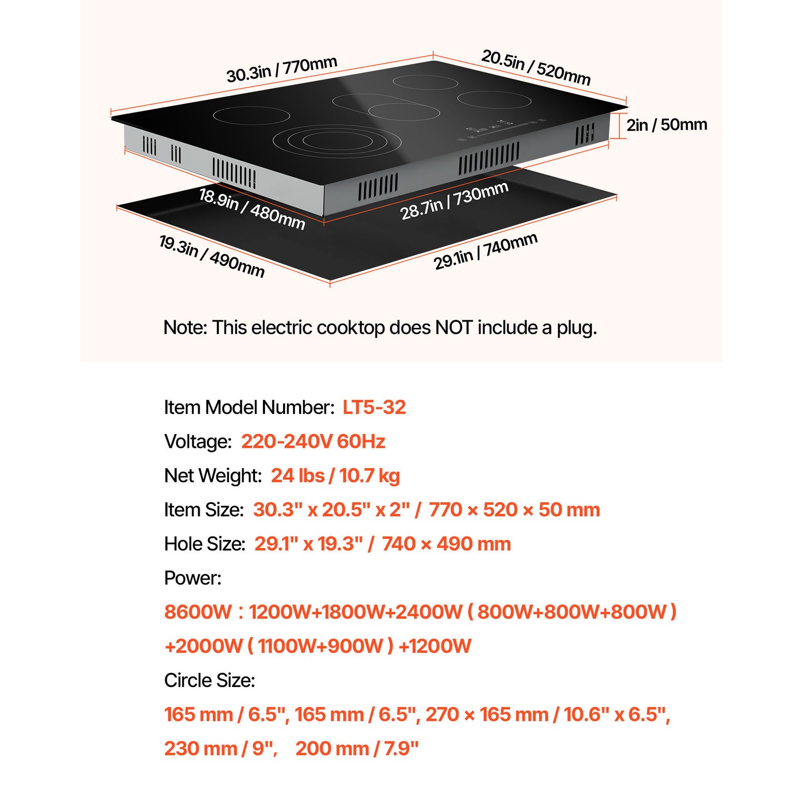 VEVOR 30″ Electric Cooktop 5 Burners Ceramic Glass Stove Top Drop-in 8600W