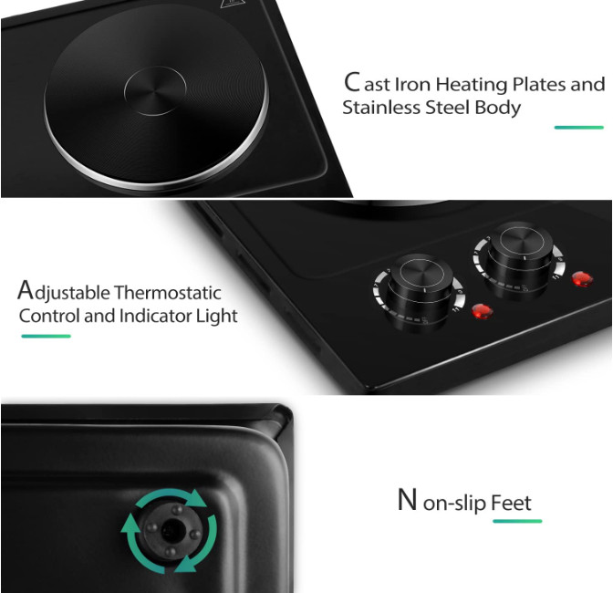 Cocina eléctrica portátil de 120V y 1800W, Control de temperatura ajustable