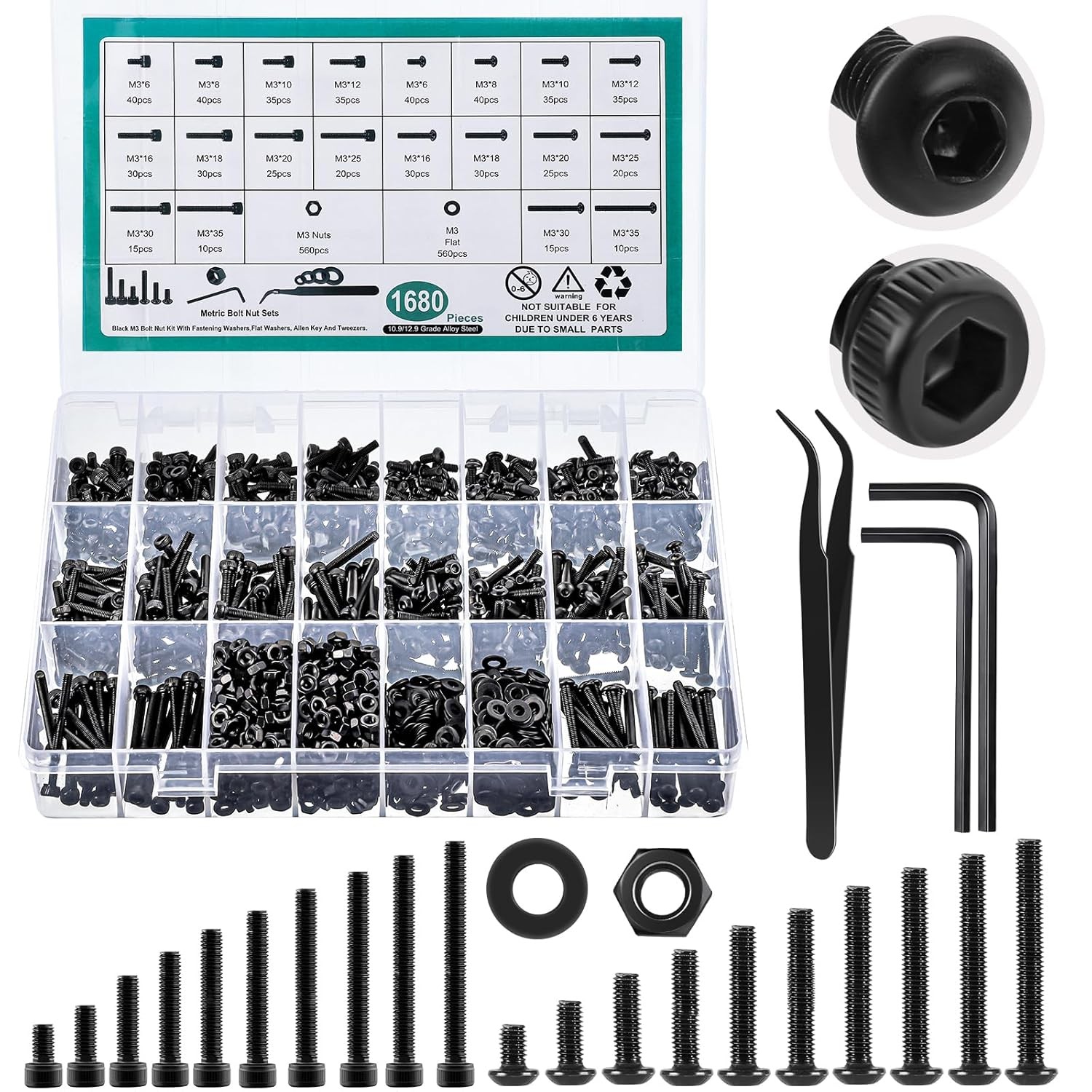 2024 Pcs M2M3M4M5 Hex Button/Socket Head Screw Bolts Nuts Washers Assortment Kit