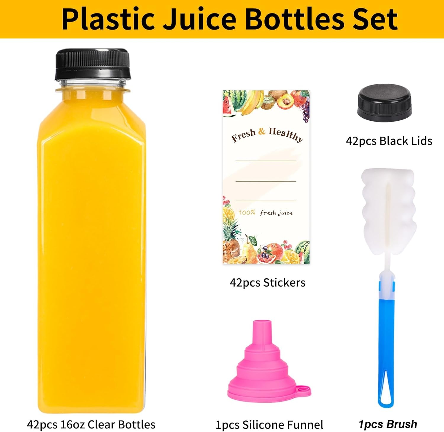 42pcs 16oz Plastic Juice Bottles with Caps – Bulk Clear Beverage Containers