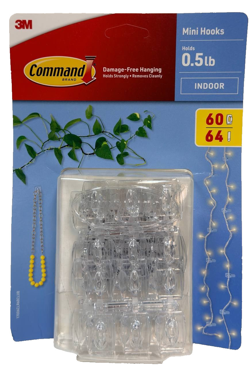 Command Damage-Free Hanging Mini Hooks, Holds 0.5 lb, INDOOR, 60 Hooks 64 Strips