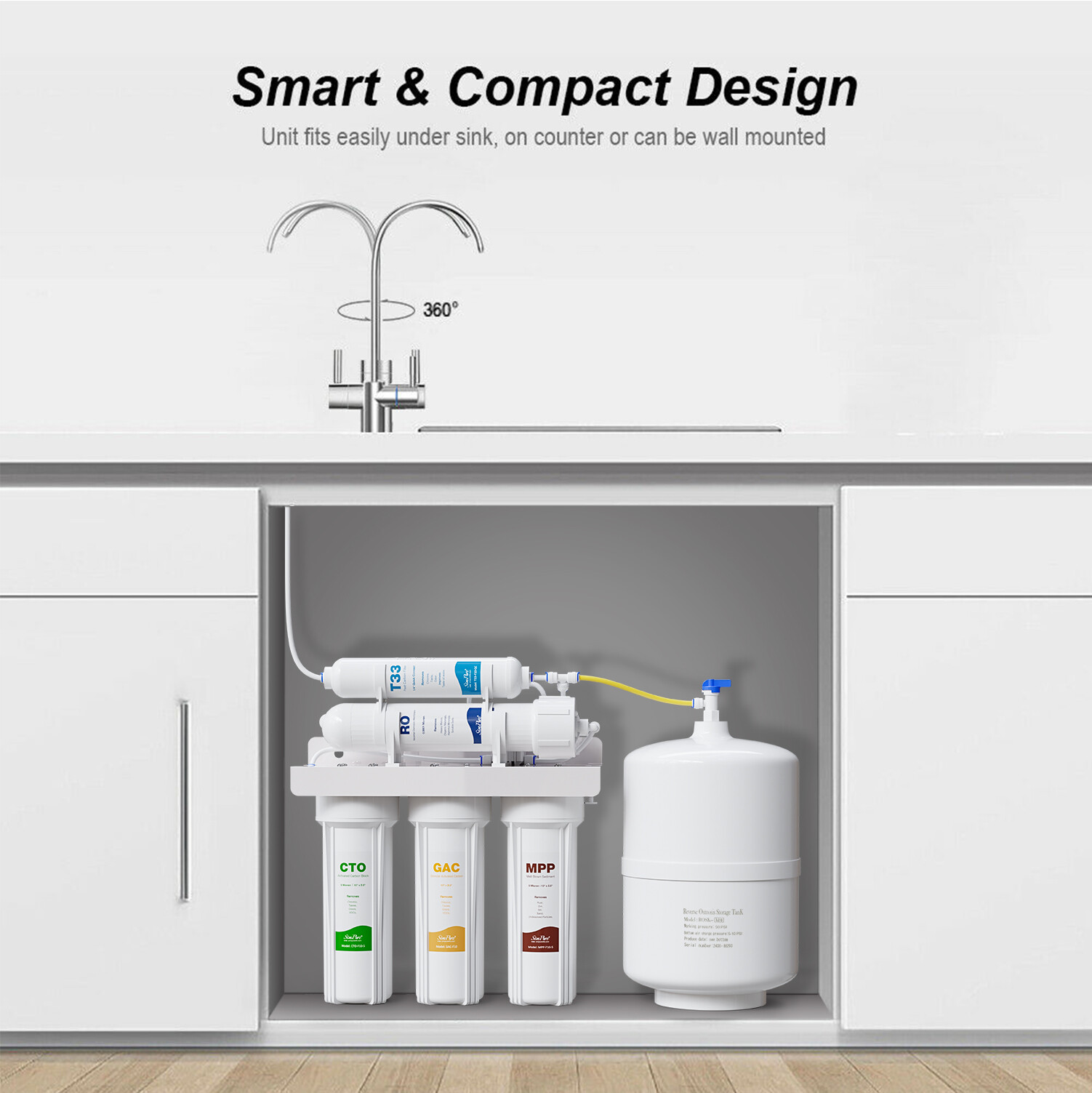 5 Stage Undersink Reverse Osmosis Water Filter System 100 GPD Membrane Filter