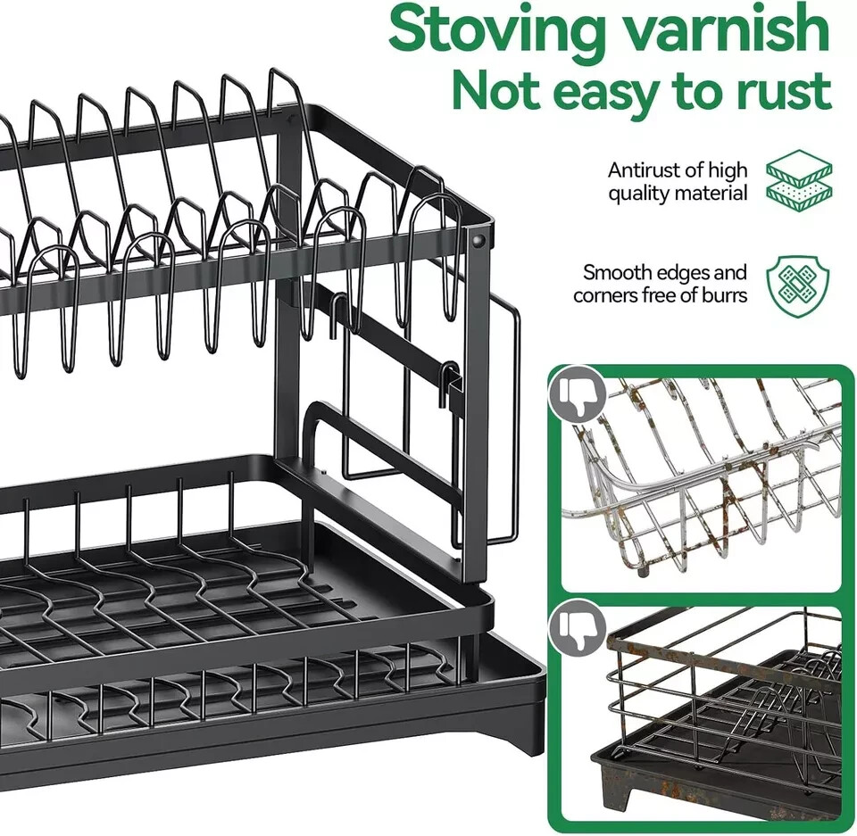 2 Tier Dish Drainer Rack with Drip Tray Cutlery Holder Plate Racks Kitchen Sink