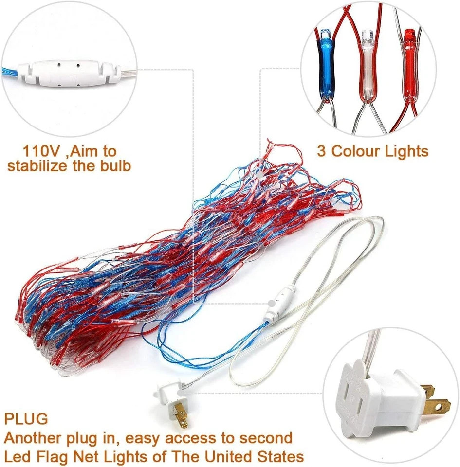 American Flag String Lights, Waterproof Led Flag Net Light, with 420 Super Brigh