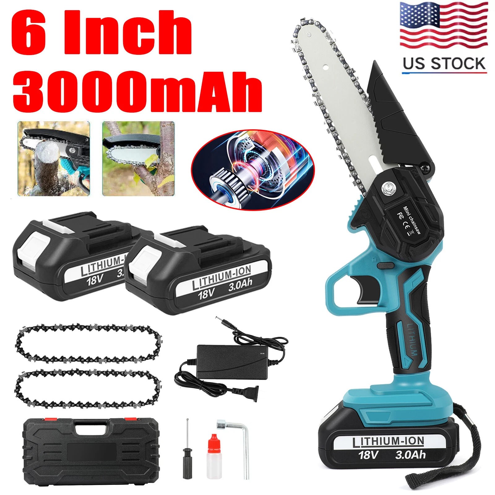 6″ Electric Mini Chainsaw Cordless Handheld Saw 2 Battery + 2 Chains for Makita