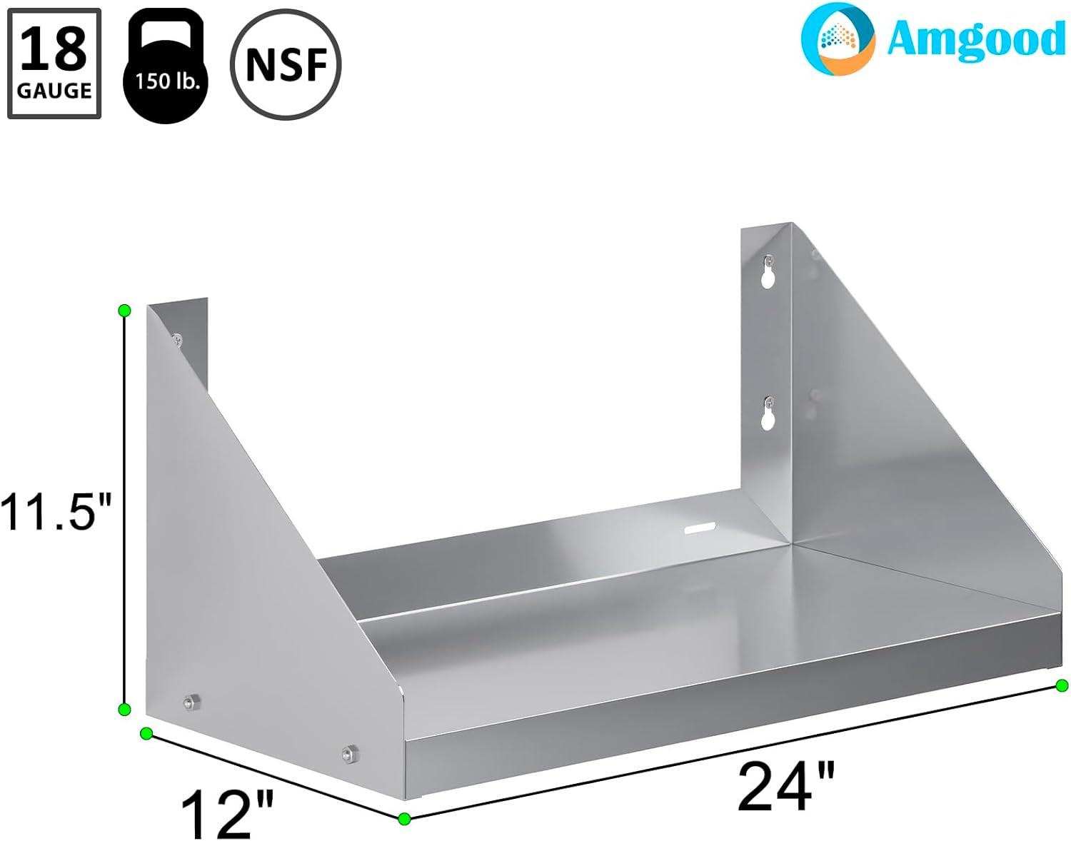 Amgood Stainless Steel Wall Shelf with Side Guards (24″ Long X 12″ Deep)
