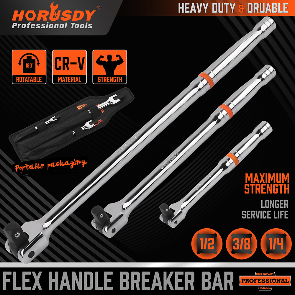 Breaker Bars Set 3PC 1/4″ 3/8” 1/2” Dr 180° Rotatable Head 6″ 10″ 15″ Length