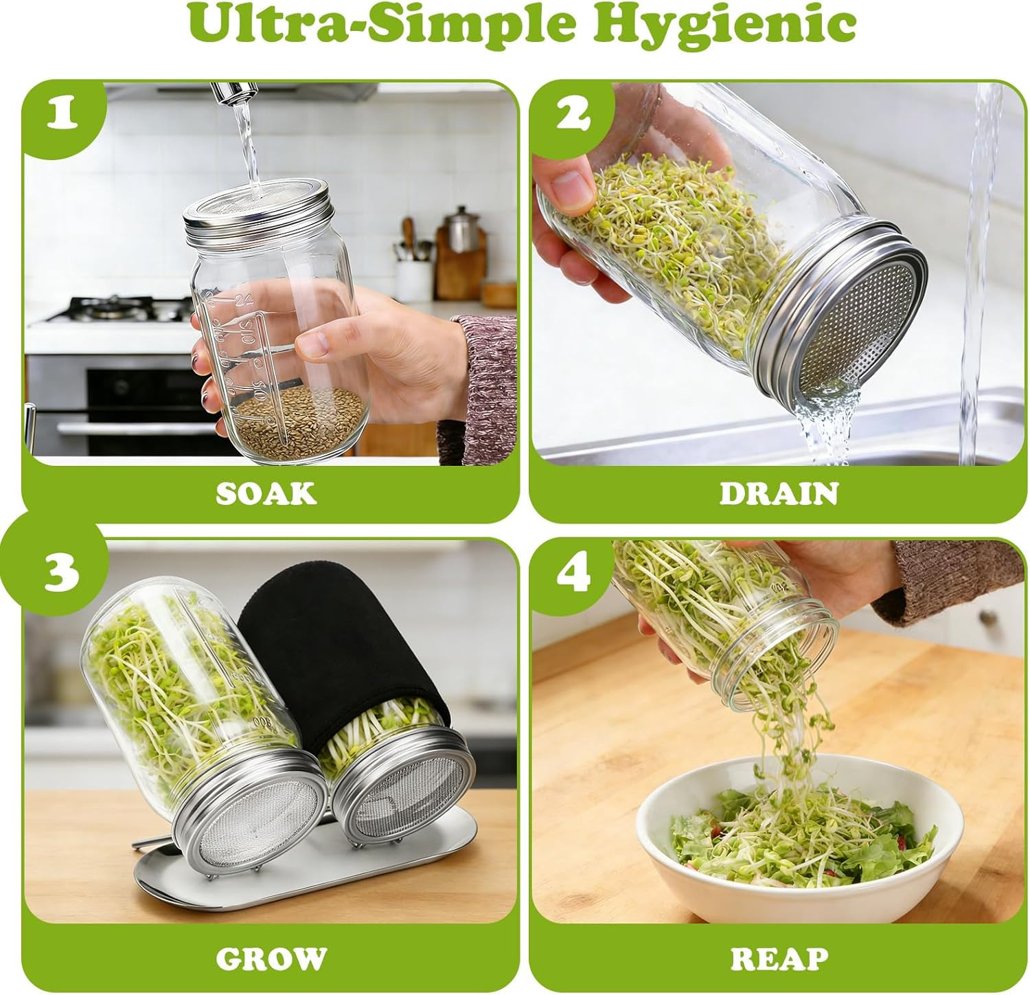 Sprouting Kit with Stainless Steel Screen Sprouting Lids & Glass Mason Jars & Li