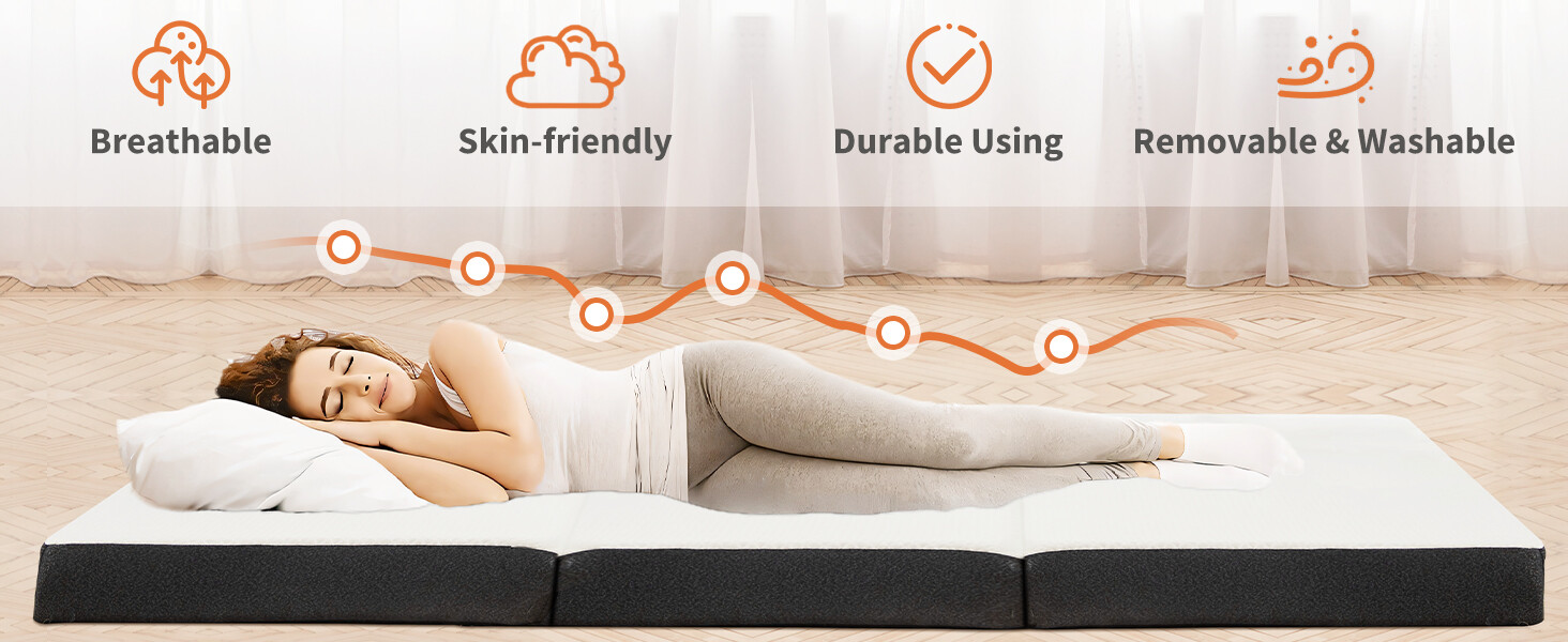 4″ Tri-fold Memory Foam Mattress, Foldable Portable Floor Bed,Washable Cover