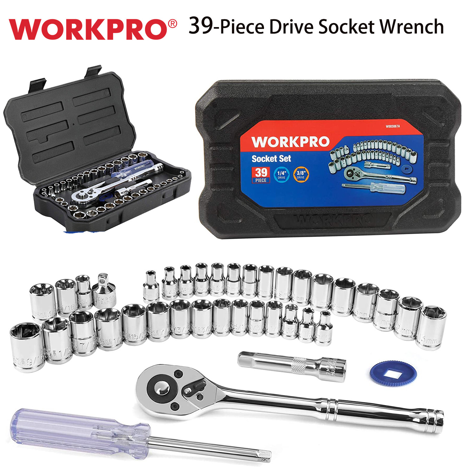 WORKPRO 39PCS Drive Socket Set 1/4″ 3/8″ Socket Wrench Set Metric SAE With Case