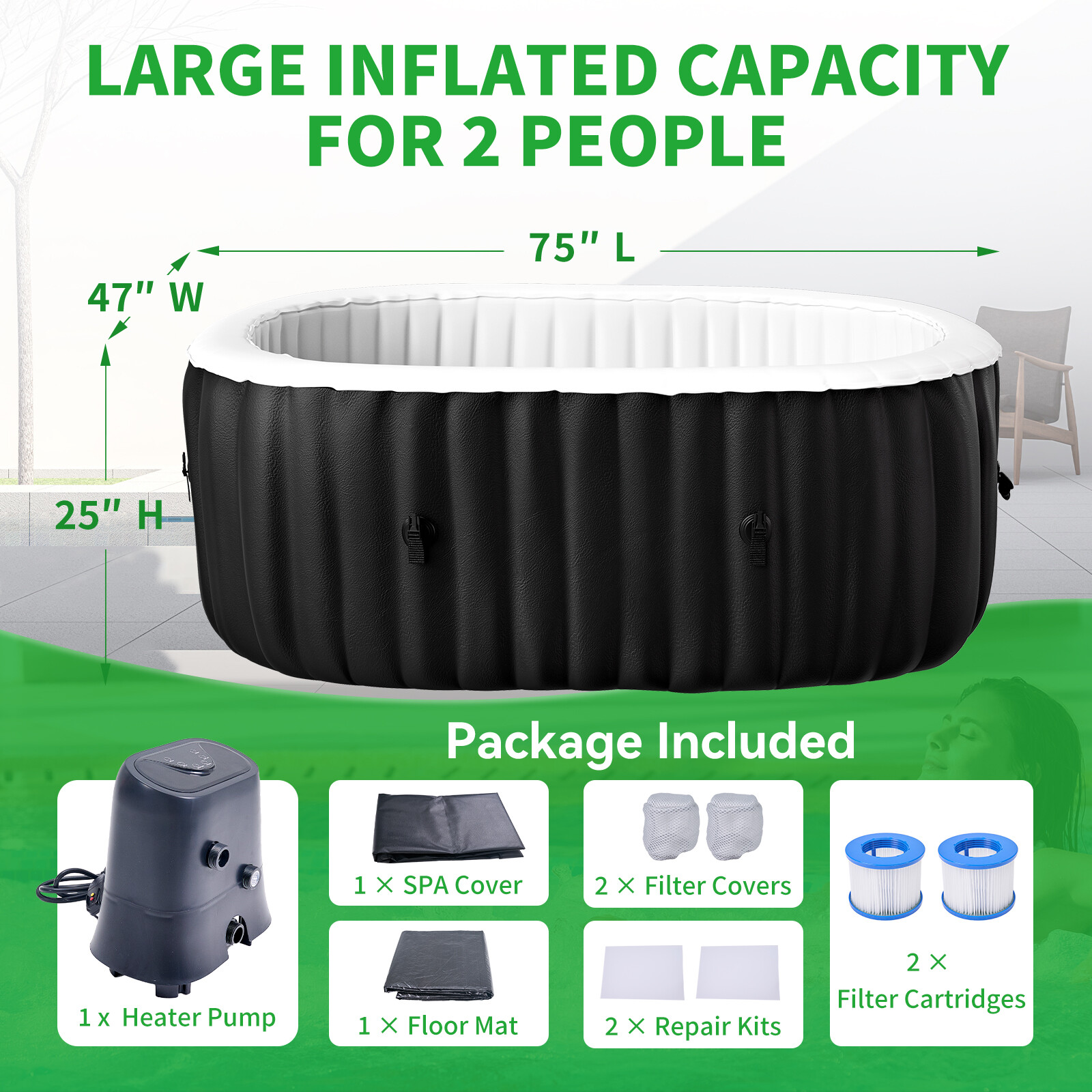 H&ZT 2 Person Inflatable Hot Tub w/Table Leak-Proof PVC Outdoor Spa 100 Air Jets