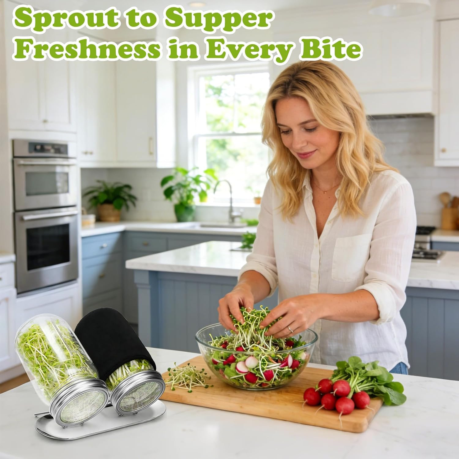 Sprouting Kit with Stainless Steel Screen Sprouting Lids & Glass Mason Jars & Li