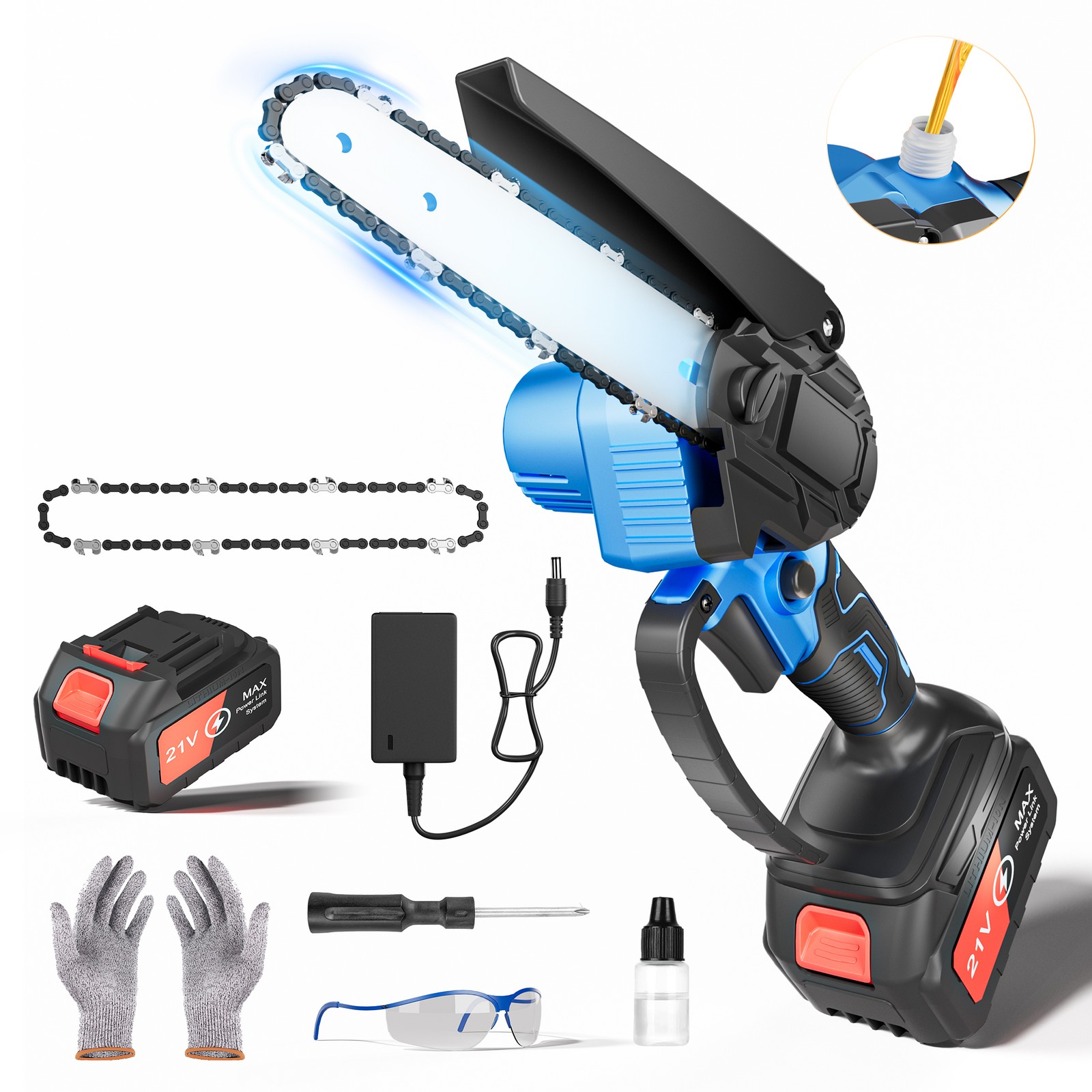 6 Inch 21V Cordless Mini Chainsaw, Handheld Electric Chain Saw for Wood Cutting