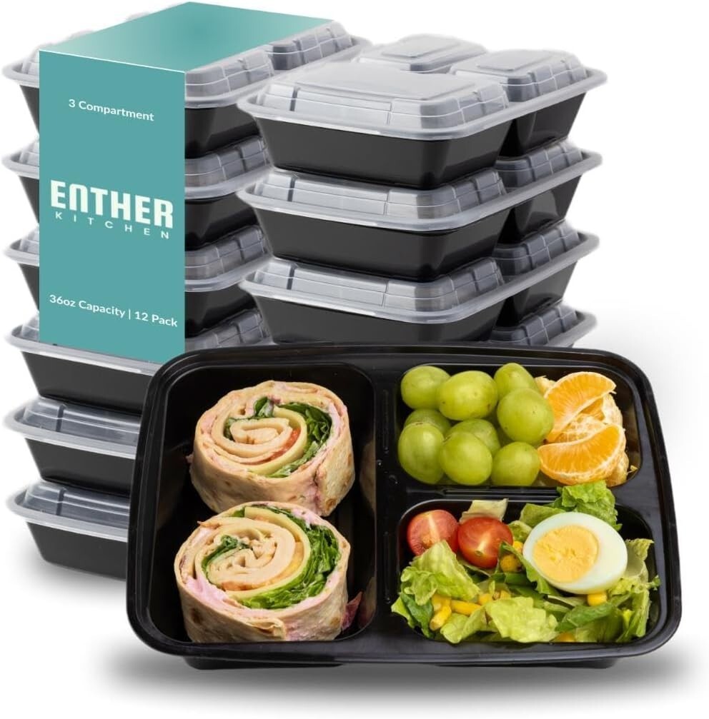 Enther Meal Prep Reusable Containers 36oz, 3 Compartment with Lids, [12 Pack]