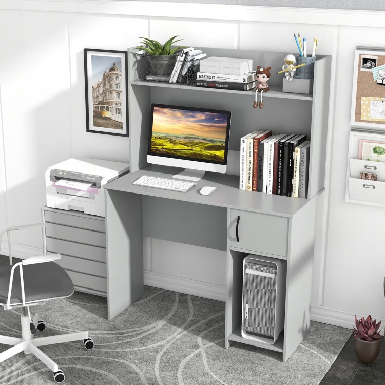 Home Office Study Computer Desk & Door Cabinet Raised Display Shelf 2 Open Shelf