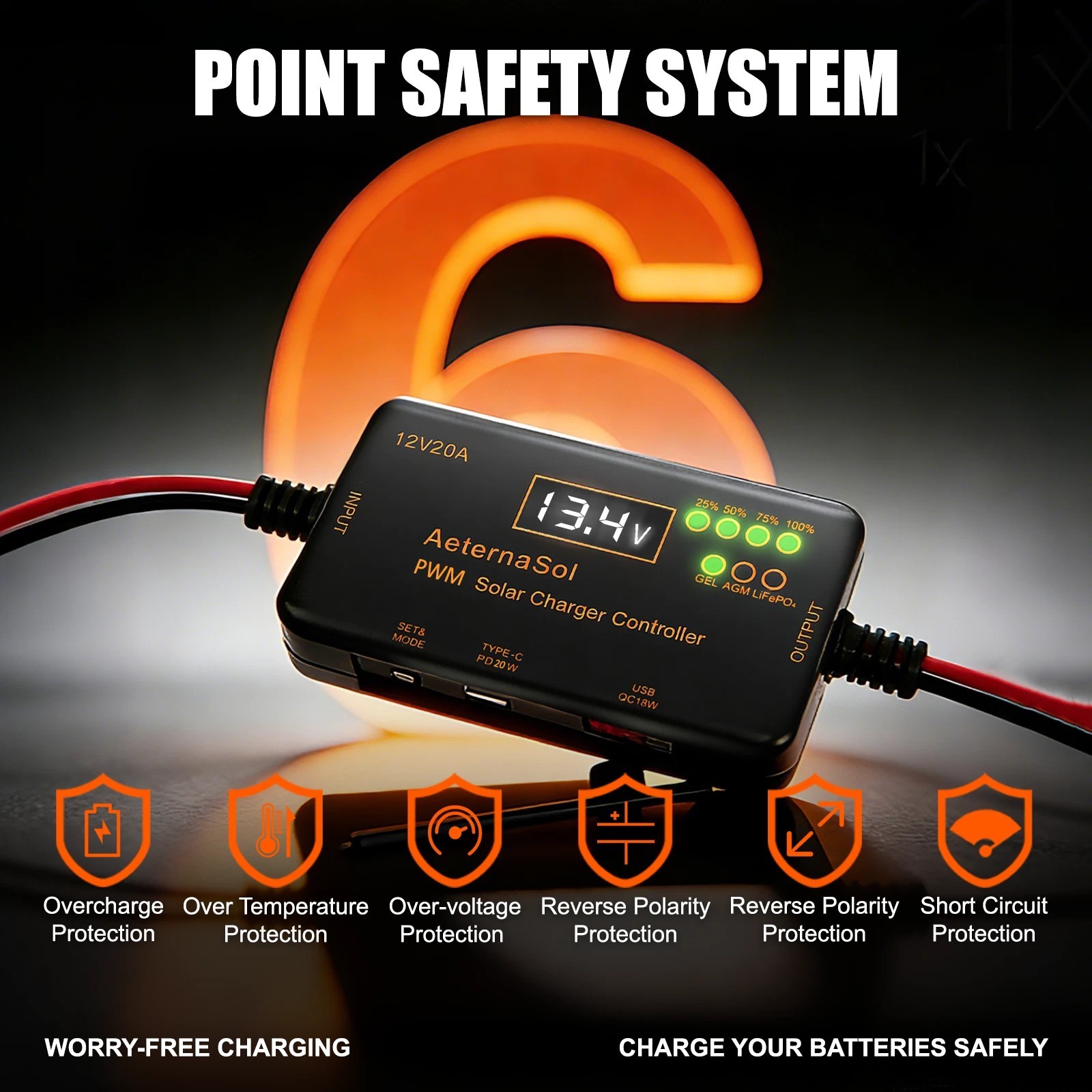 20A 12V PWM Solar Charge Controller LCD Display for RV Boat Off-Grid System NEW