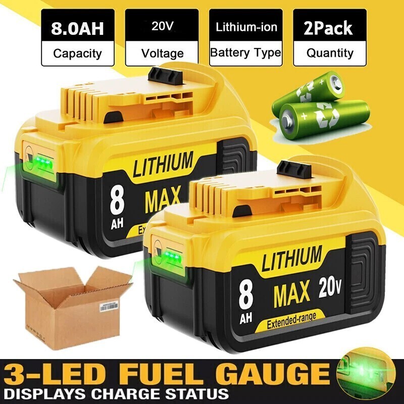 4/2Pack 8.0Ah Battery or Dual Charger for DeWalt 20V Max Lithium Ion DCB206-2
