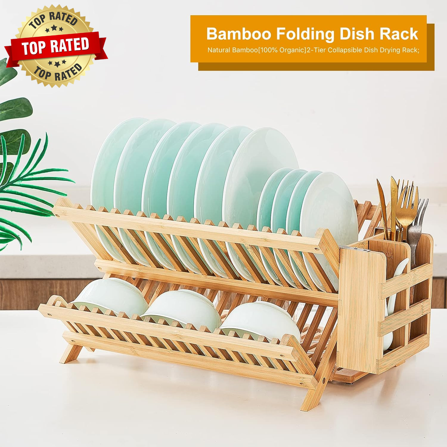 Bamboo Dish Drying Rack, 3 Tier Collapsible Wooden Dish Drainer Rack with Utensi