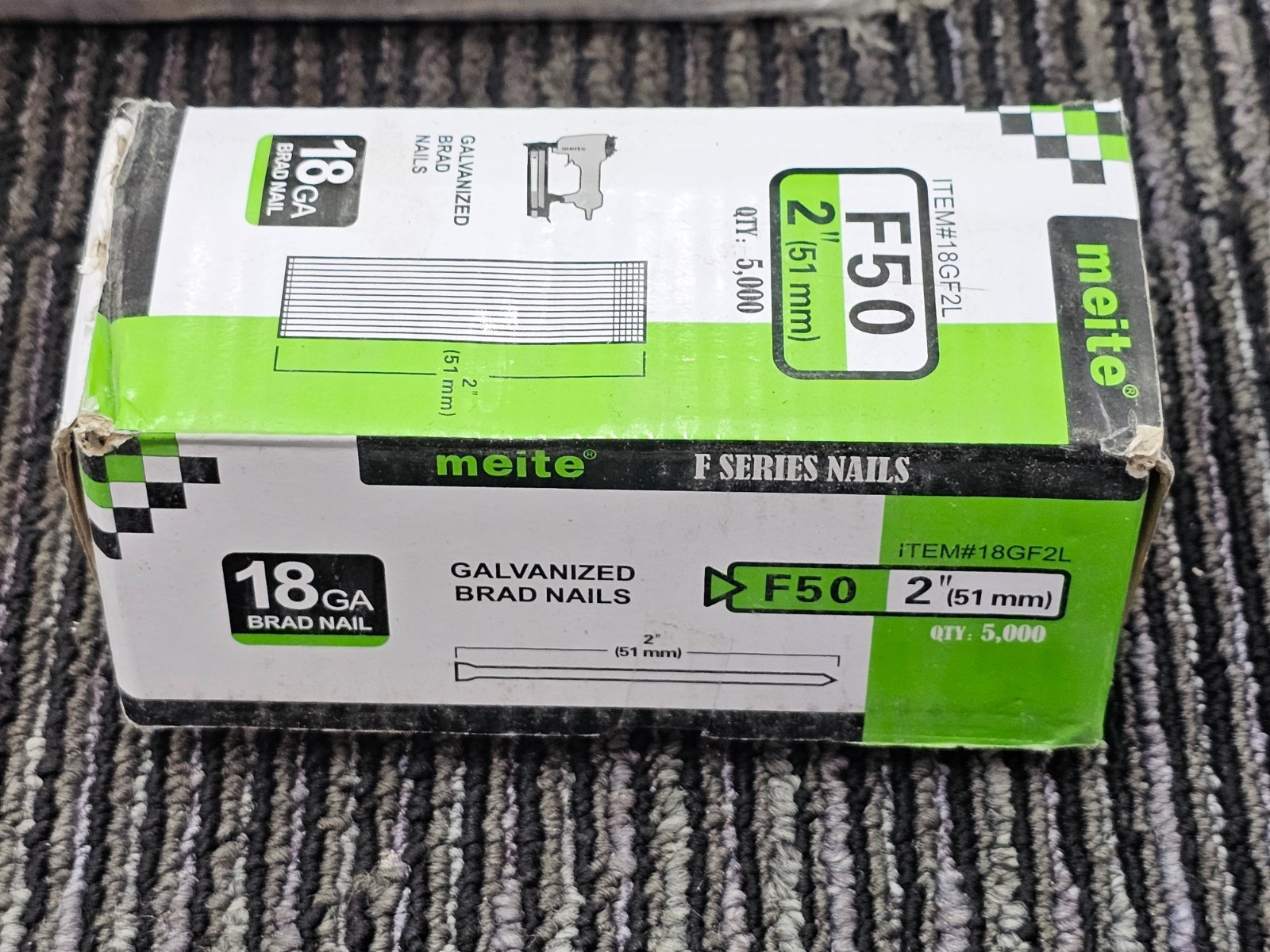 (QTY 5000) MEITE 18GF2L 18 Gauge Galvanized Finish Brad Nails 2″ Collated F50